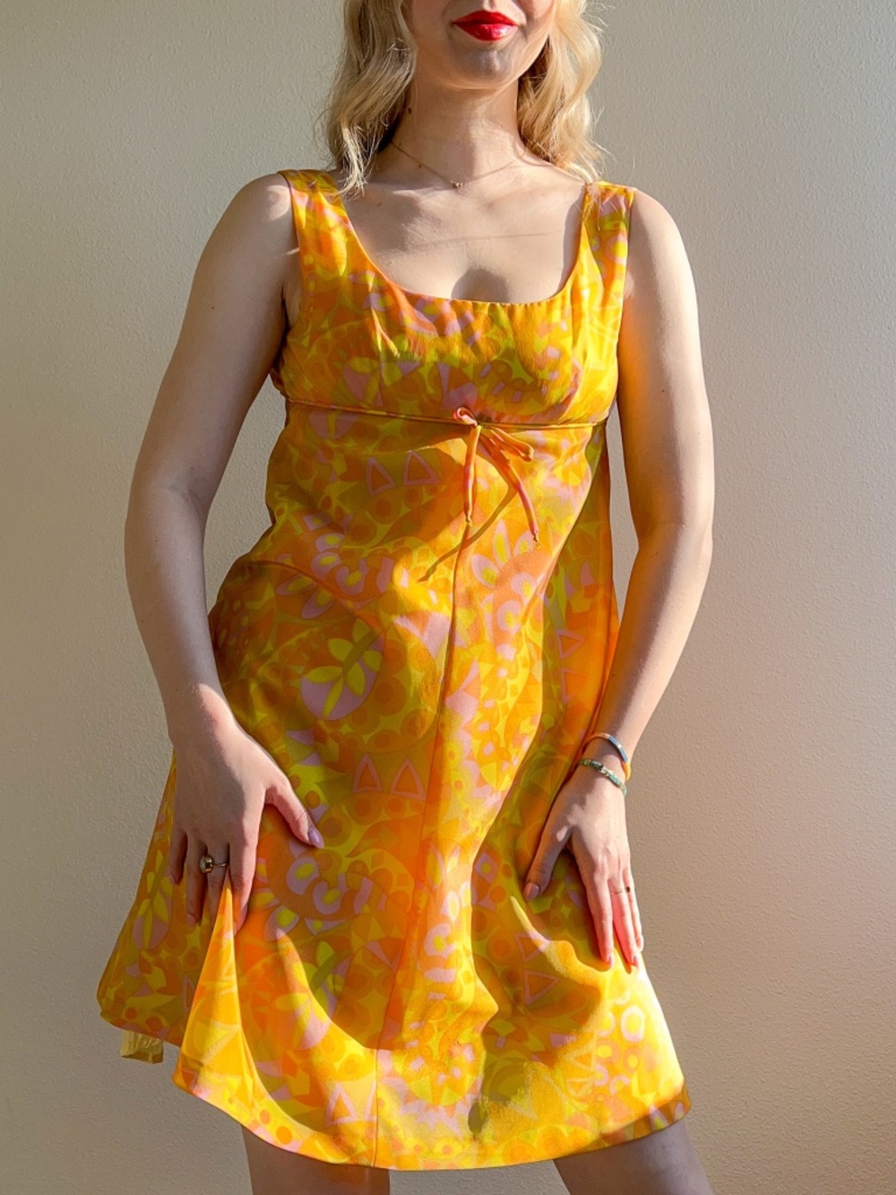 Vintage 1960s Orange and Yellow Retro Print Baby Doll Dress (S)